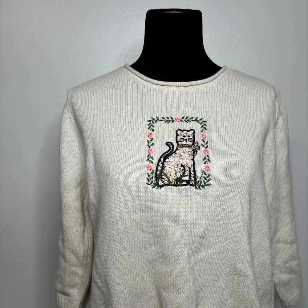 Christopher & Banks Y2K Embroidered Cat Cotton Sweater Size XL